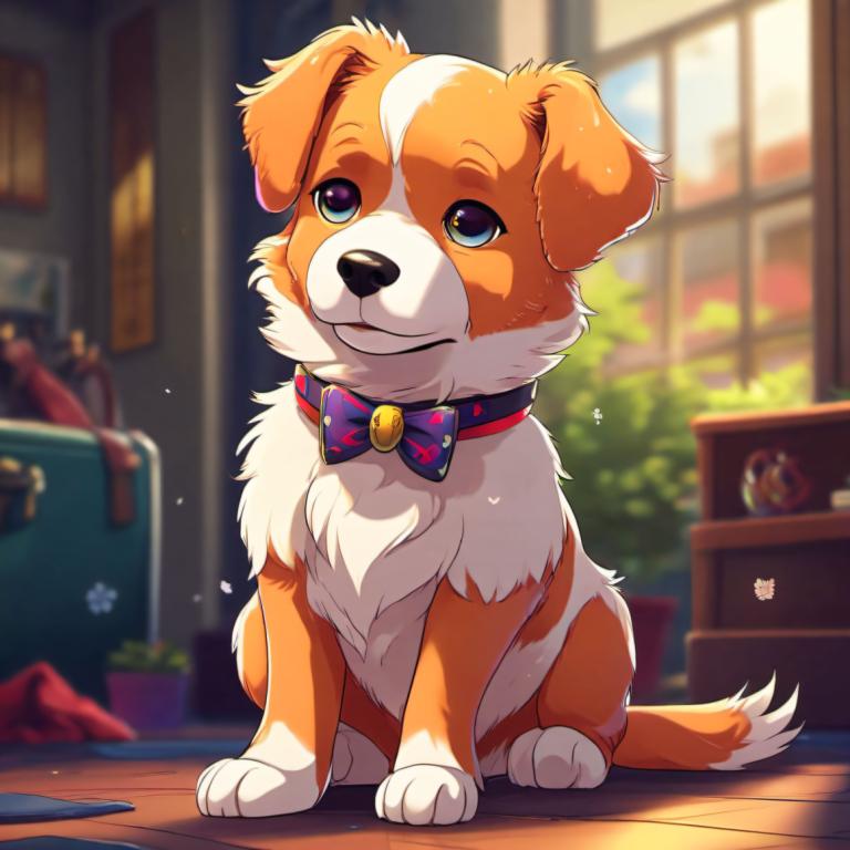 Cartoon,Cartoon, Animal, dog, dog, no humans, bow, blurry, bowtie, indoors, blue eyes, purple bowtie