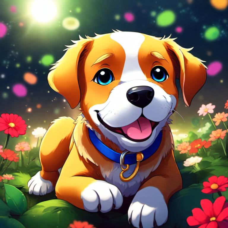 Cartoon,Cartoon, Animal, dog, dog, no humans, flower, tongue, blue eyes, tongue out, animal focus, collar