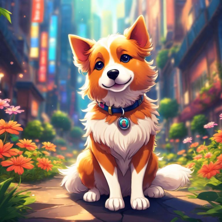 Cartoon,Cartoon, Animal, dog, no humans, flower, dog, outdoors, blue eyes, blurry, collar, orange flower, day