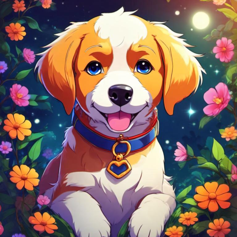 Cartoon,Cartoon, Animal, dog, no humans, dog, flower, tongue, blue eyes, tongue out, collar, animal focus