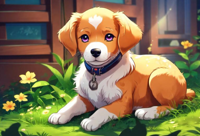 Cartoon,Cartoon, Animal, dog, no humans, flower, dog, purple eyes, collar, animal focus, grass, outdoors