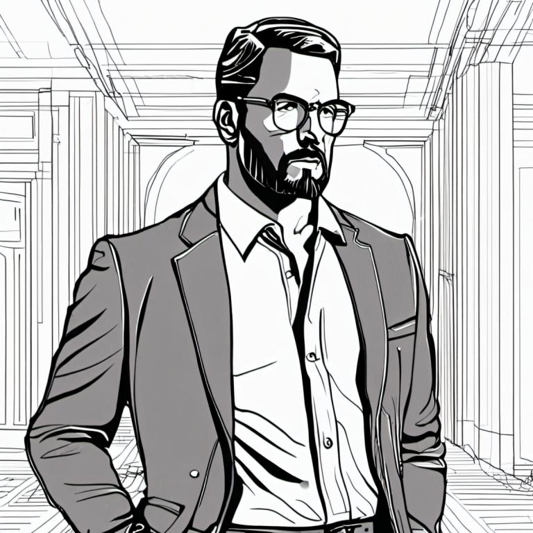 Comics,Comics, People, man, 1boy, greyscale, male focus, monochrome, glasses, solo, facial hair, shirt