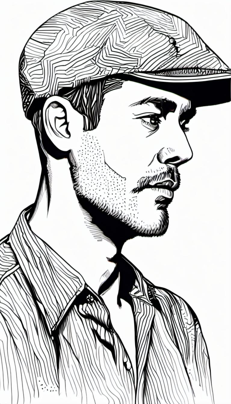 Comics,Comics, People, man, 1boy, male focus, monochrome, greyscale, solo, hat, facial hair, shirt