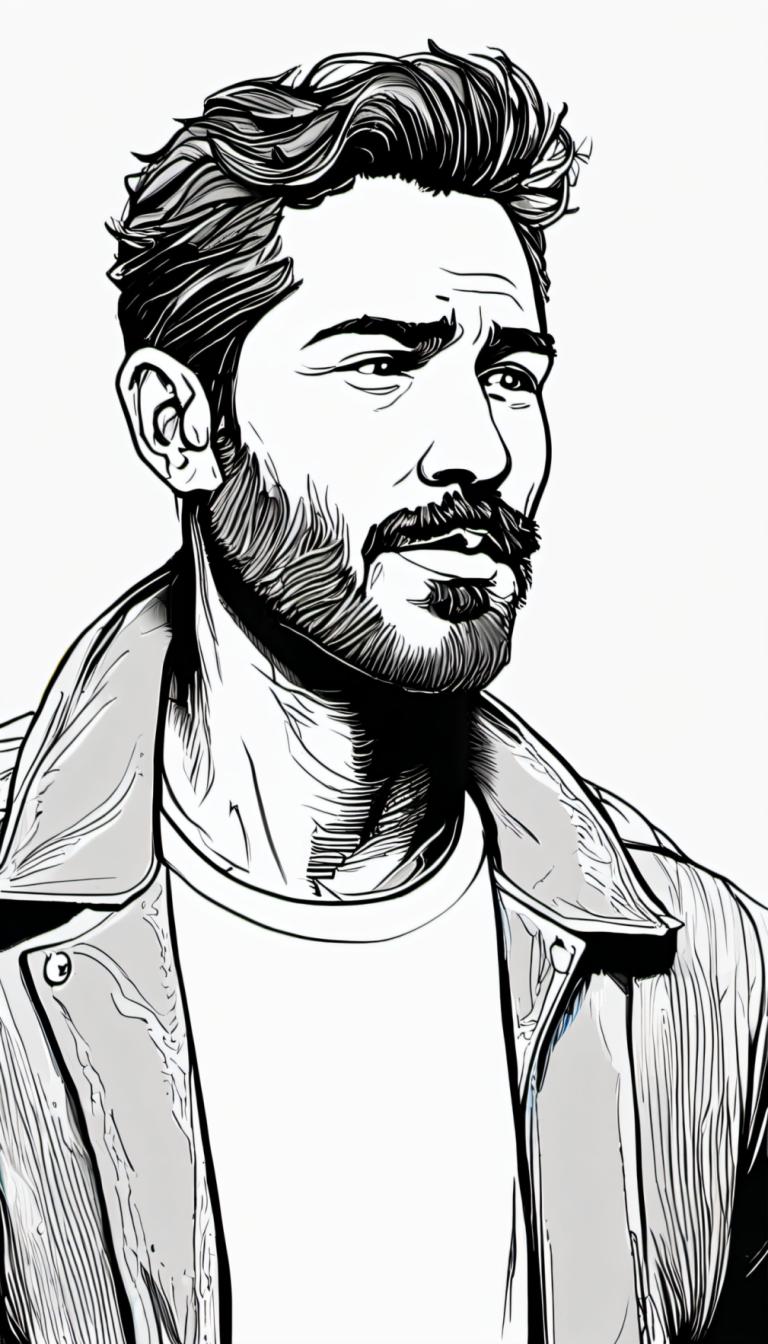 Comics,Comics, People, man, greyscale, 1boy, male focus, monochrome, solo, facial hair, jacket, beard