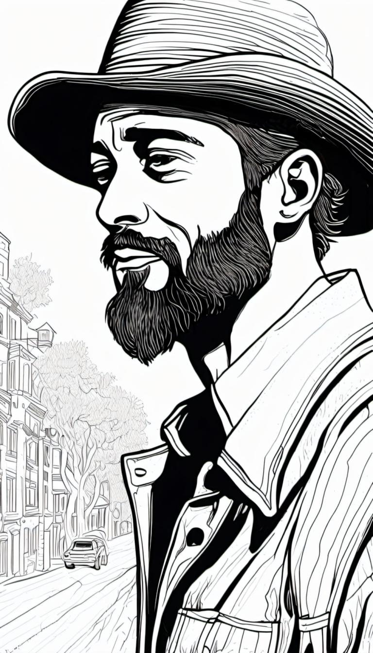 Comics,Comics, People, man, greyscale, 1boy, monochrome, male focus, facial hair, hat, solo, beard, mustache