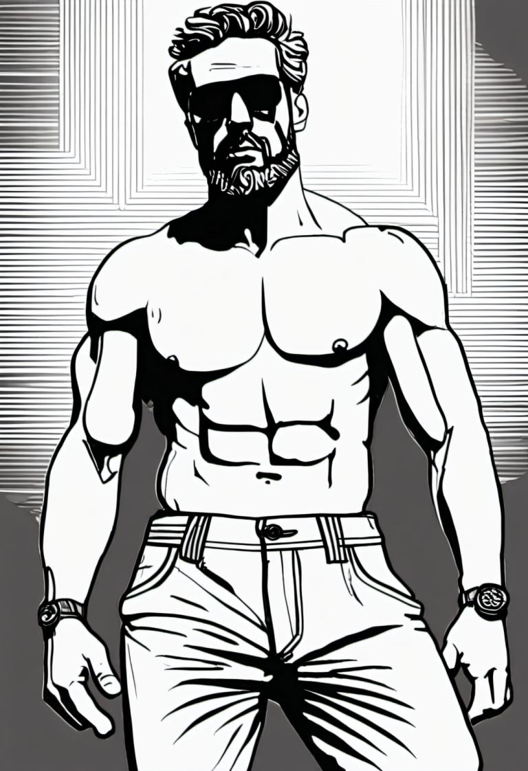 Comics,Comics, People, man, monochrome, 1boy, greyscale, male focus, solo, wristwatch, watch, topless male