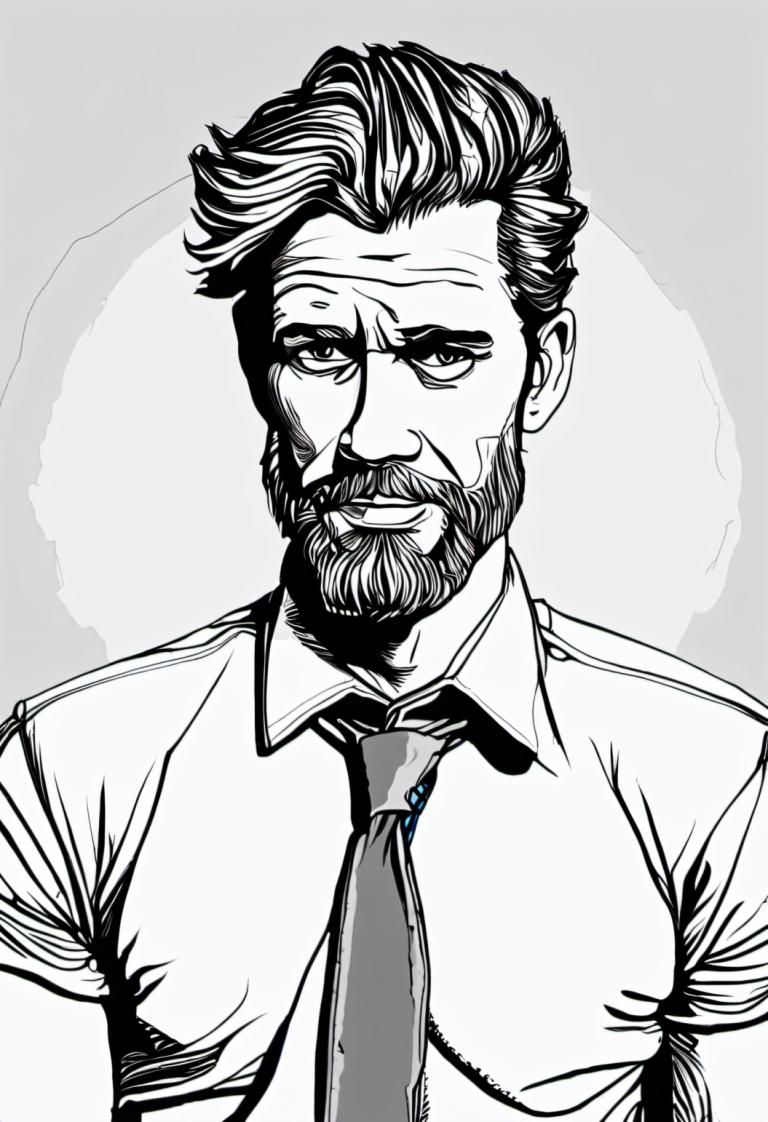 Comics,Comics, People, man, 1boy, male focus, facial hair, monochrome, necktie, solo, greyscale, mustache