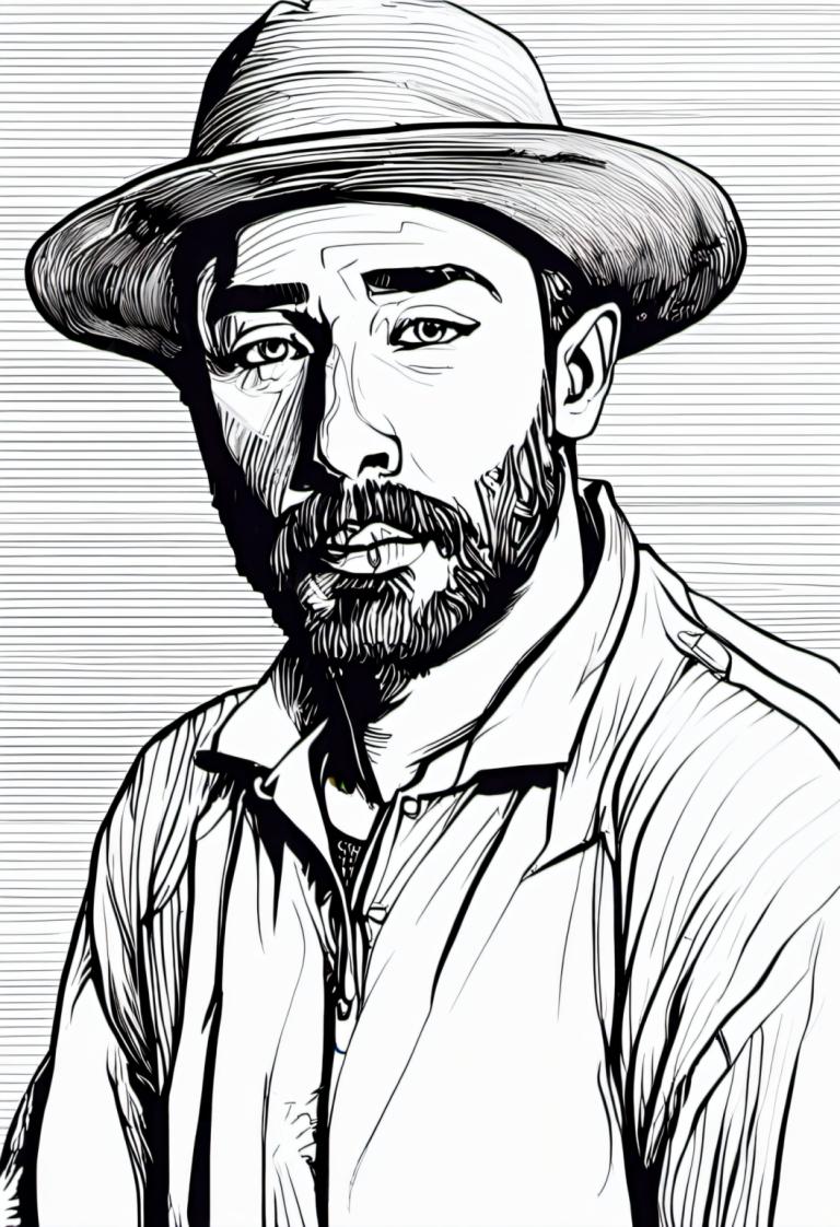 Comics,Comics, People, man, 1boy, monochrome, greyscale, male focus, solo, facial hair, hat, beard