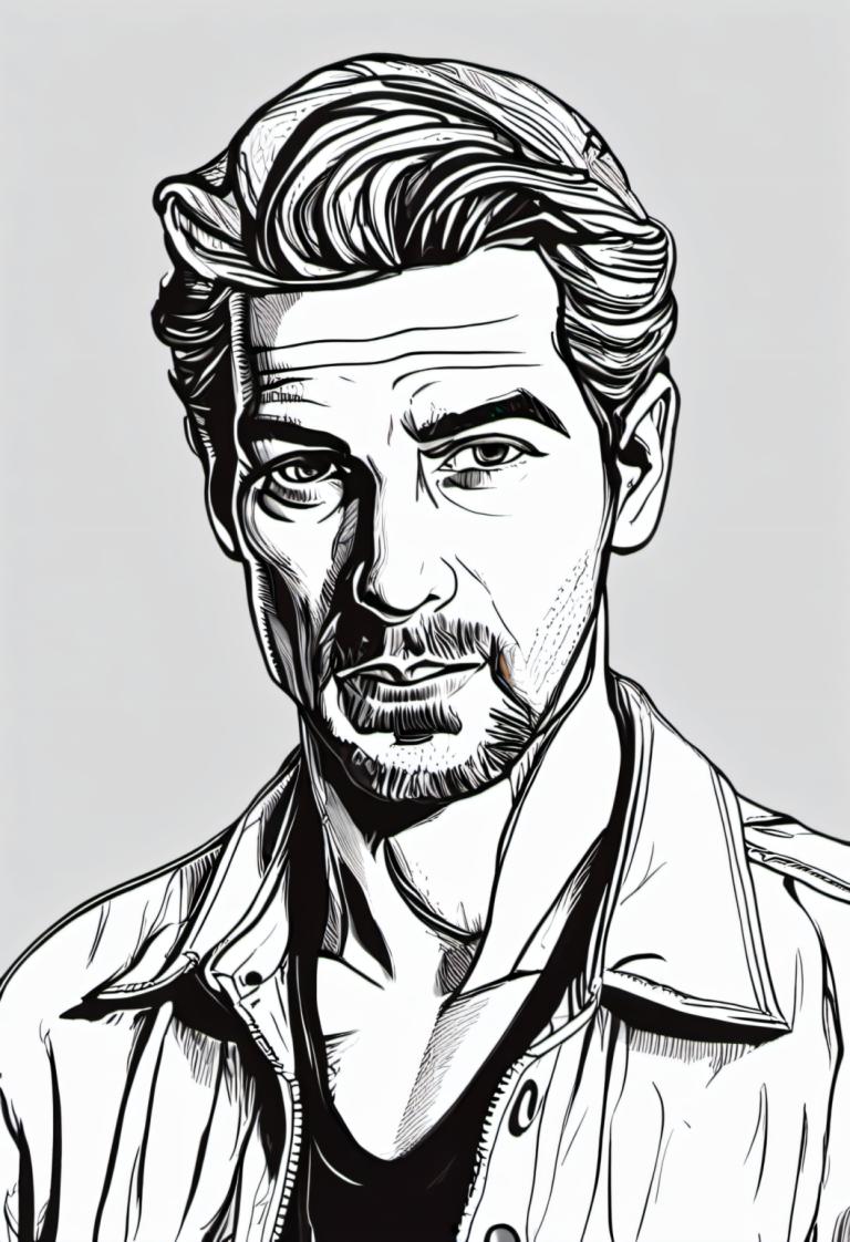 Comics,Comics, People, man, greyscale, 1boy, monochrome, solo, male focus, facial hair, jacket, upper body