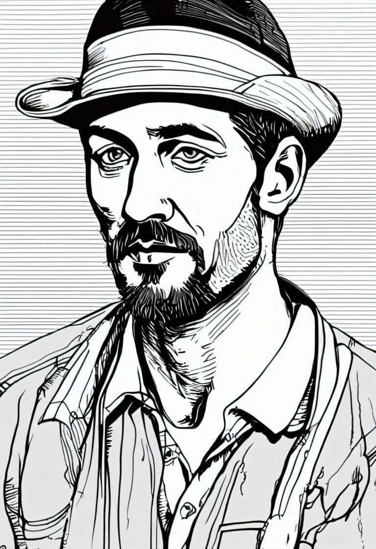 Comics,Comics, People, man, 1boy, monochrome, male focus, solo, greyscale, facial hair, hat, beard, shirt