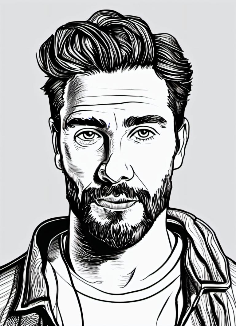 Comics,Comics, People, man, greyscale, 1boy, monochrome, male focus, solo, facial hair, beard, jacket