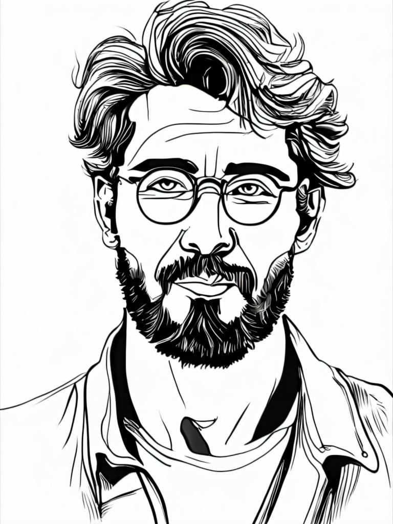 Comics,Comics, People, man, 1boy, greyscale, monochrome, facial hair, male focus, solo, glasses, beard