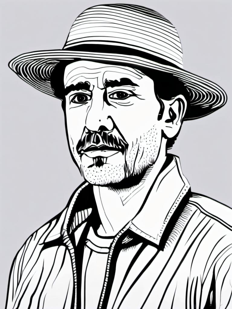 Comics,Comics, People, man, 1boy, solo, male focus, monochrome, hat, facial hair, mustache, grey background