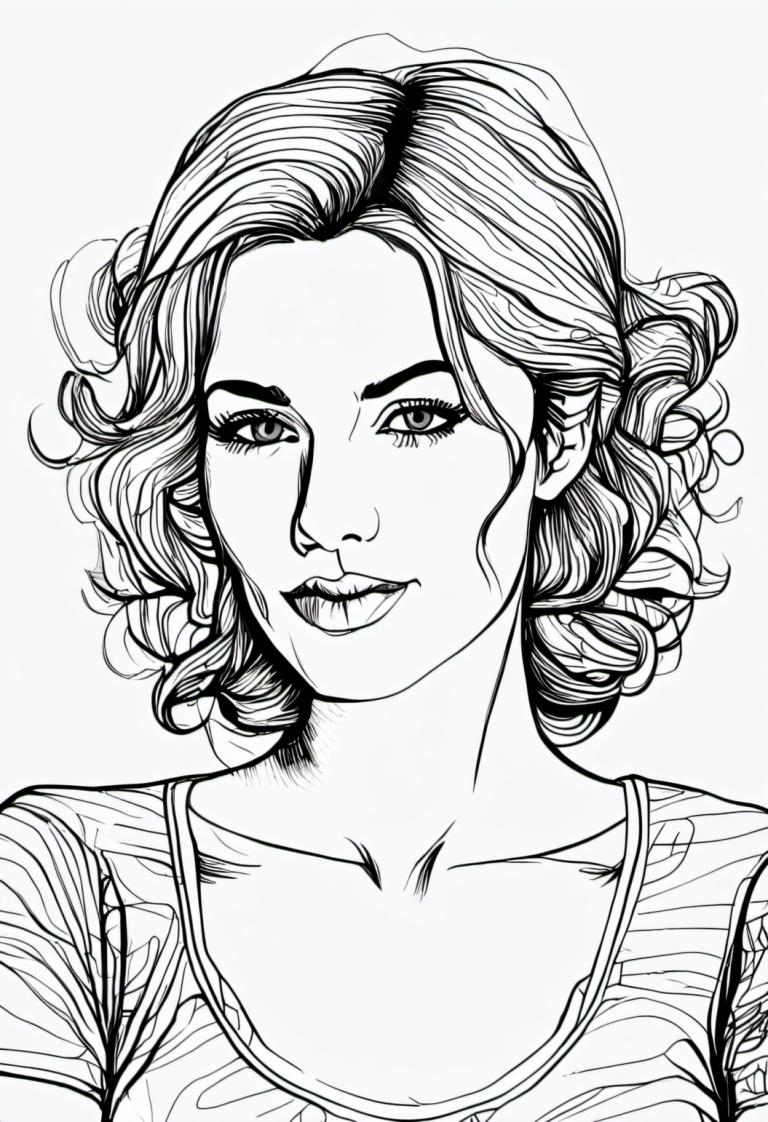 Comics,Comics, People, woman, 1girl, monochrome, greyscale, solo, looking at viewer, smile, shirt, curly hair