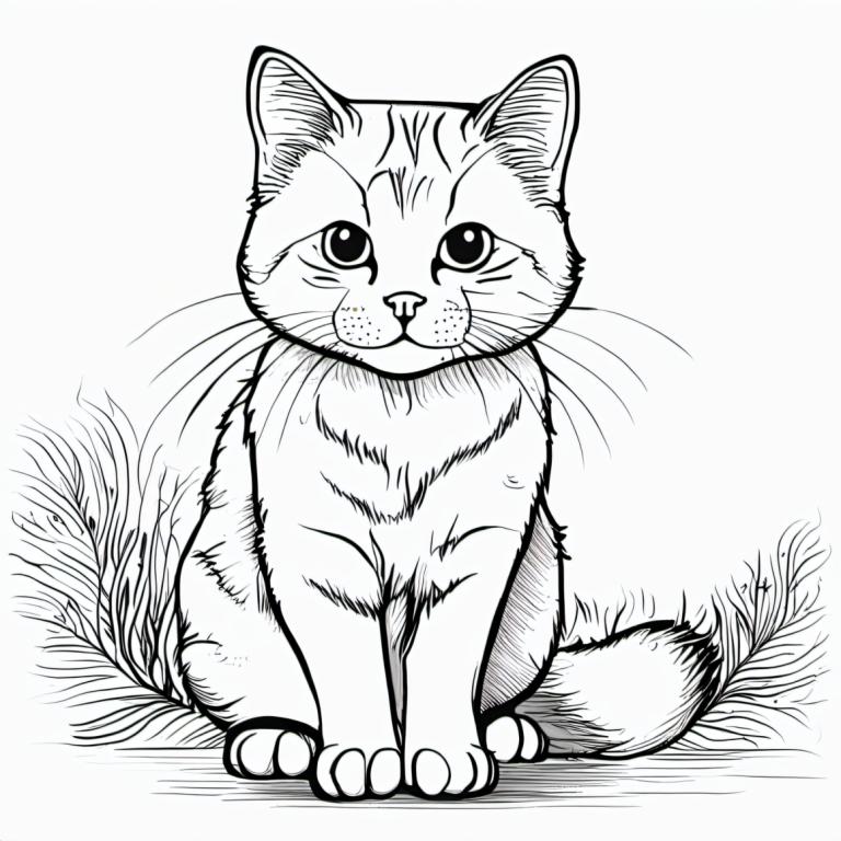 漫画,漫画, 動物, 猫, 人間がいない, グレースケール, モノクロ, 動物の焦点, 猫, 座っている, ひげ, 草, 視聴者を見ている, 白色の背景, ソロ, 全身, シンプルな背景, 牙, 動物, :3