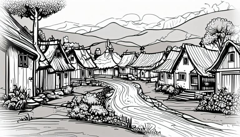 Comics,Comics, Village, village, greyscale, monochrome, no humans, tree, house, scenery, outdoors, grass