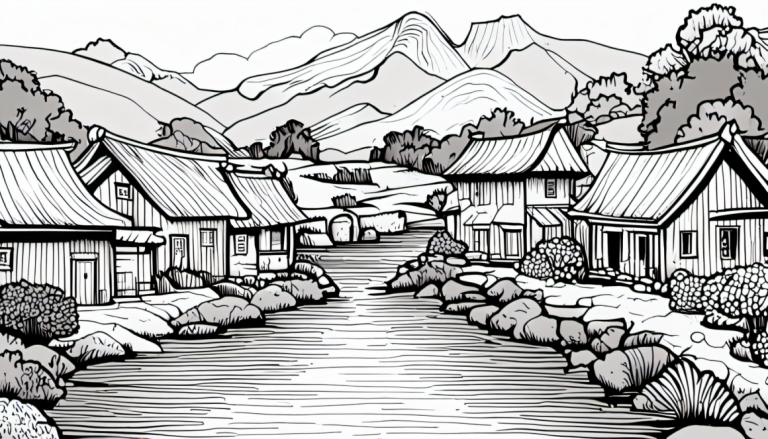 Comics,Comics, Village, village, monochrome, greyscale, no humans, east asian architecture, mountain, tree