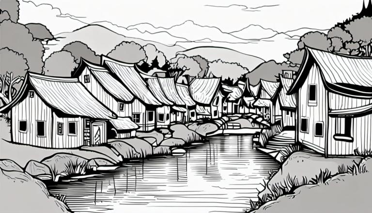 Comics,Comics, Village, village, monochrome, greyscale, no humans, tree, river, scenery, architecture