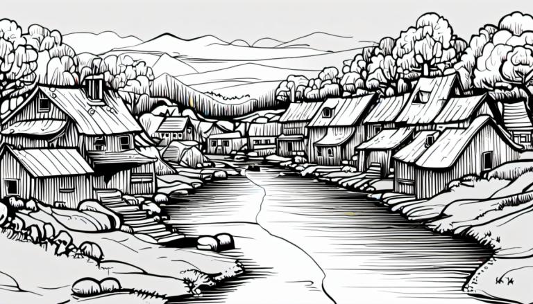 Comics,Comics, Village, village, greyscale, monochrome, no humans, tree, bridge, mountain