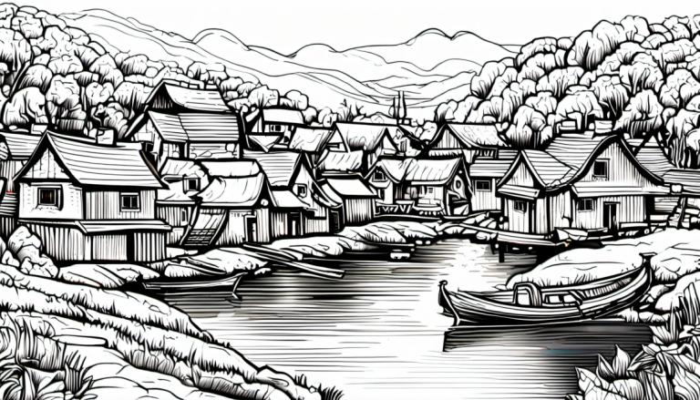 Comics,Comics, Village, village, monochrome, greyscale, no humans, watercraft, bridge, tree, scenery, boat