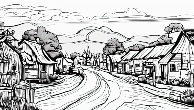 Comics,Comics, Village, village, monochrome, greyscale, no humans, tree, bridge, house, cloud, scenery