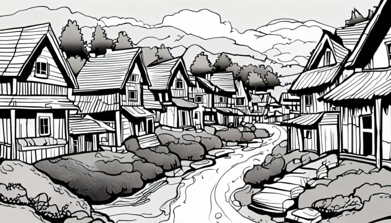 Comics,Comics, Village, village, monochrome, greyscale, no humans, scenery, house, tree, building, water