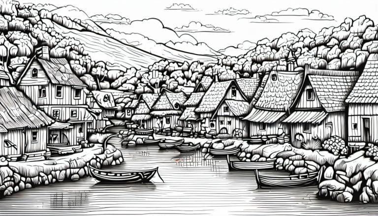 Comics,Comics, Village, village, monochrome, greyscale, watercraft, cloud, scenery, no humans, boat, tree