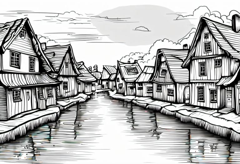 Comics,Comics, Village, village, monochrome, greyscale, no humans, cloud, house, water, sky, scenery