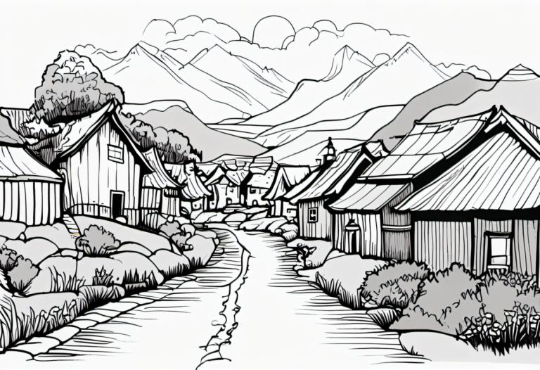 Comics,Comics, Village, village, monochrome, greyscale, no humans, mountain, house, tree, scenery, outdoors