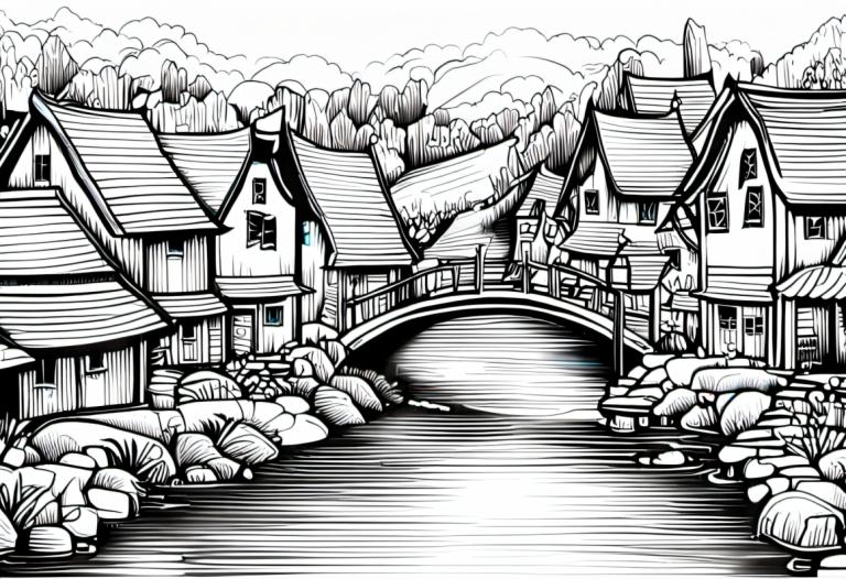 Comics,Comics, Village, village, monochrome, greyscale, no humans, scenery, spot color, outdoors, bridge