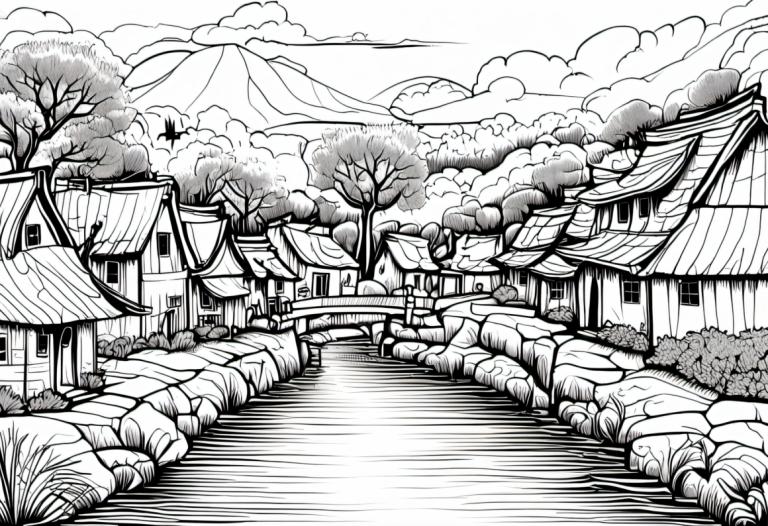 Comics,Comics, Village, village, monochrome, greyscale, no humans, tree, scenery, mountain, outdoors