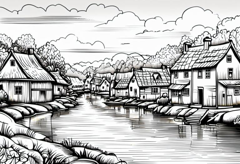 Comics,Comics, Village, village, monochrome, greyscale, no humans, scenery, cloud, house, outdoors, tree