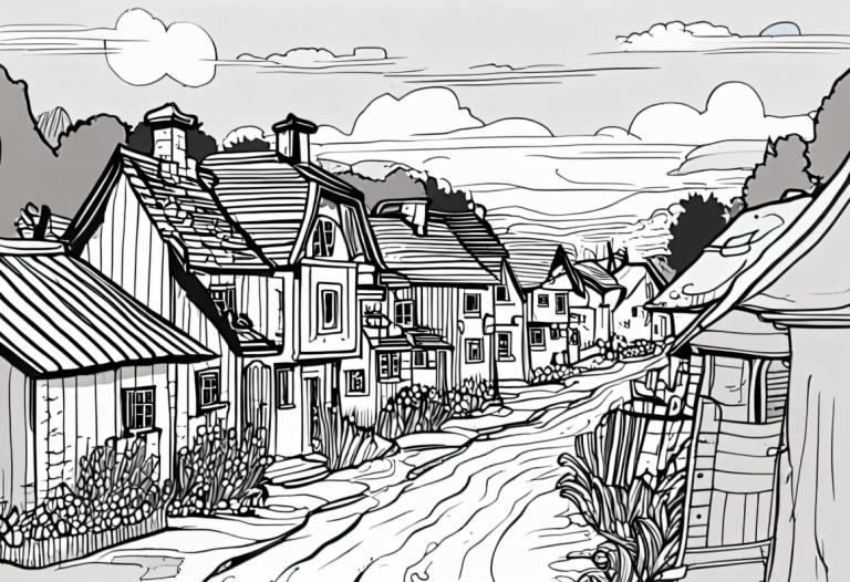 Comics,Comics, Village, village, monochrome, greyscale, no humans, cloud, tree, scenery, house, sky, outdoors