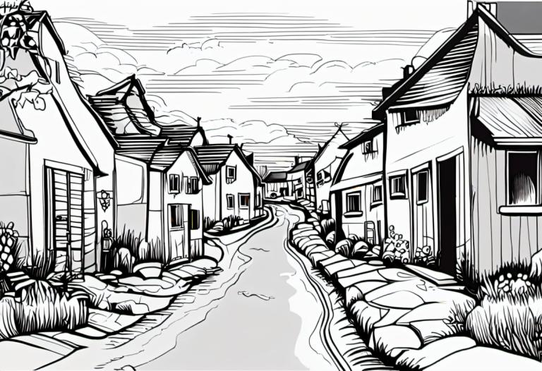 Comics,Comics, Village, village, monochrome, greyscale, scenery, cloud, house, no humans, outdoors, sky