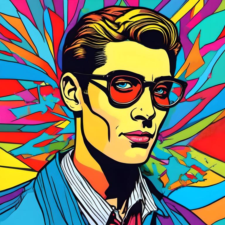 Pop Art,Pop Art, People, man, solo, male focus, 1boy, blue eyes, colorful, necktie, glasses, brown hair