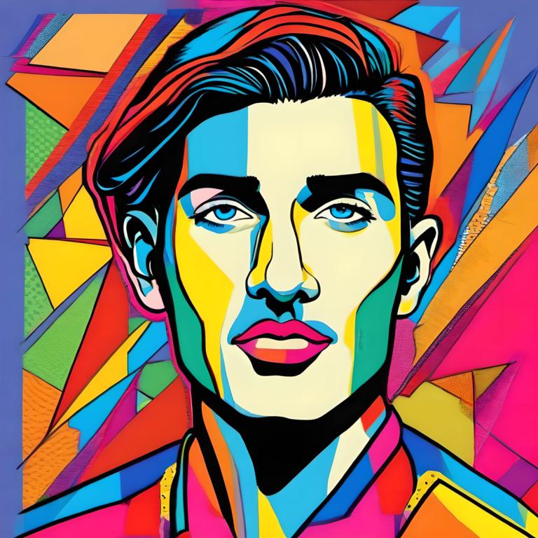 Pop Art,Pop Art, Mennesker, Mann, solo, 1 gutt, mannlig fokus, fargerik, blå øyne, svart hår, portrett