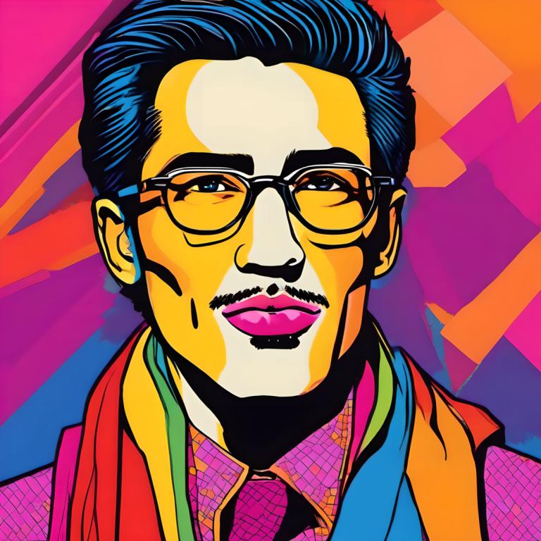 Pop Art,Pop Art, People, man, solo, 1boy, male focus, glasses, facial hair, shirt, black hair, portrait