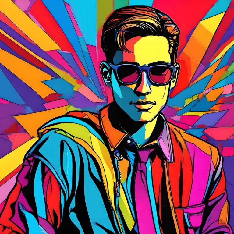 Pop-Art,Pop-Art, Menschen, Mann, 1Junge, männlicher Fokus, Solo, bunt, Krawatte, Sonnenbrille, Hemd, Jacke