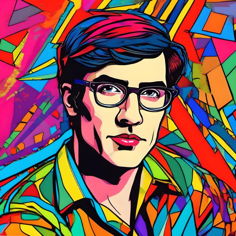 Pop Art,Pop Art, People, man, colorful, solo, glasses, male focus, shirt, 1boy, collared shirt, black hair