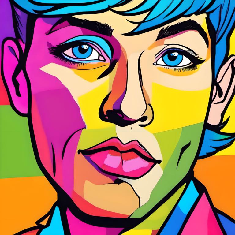 Pop Art,Pop Art, People, man, solo, blue hair, blue eyes, makeup, colorful, portrait, male focus, 1boy