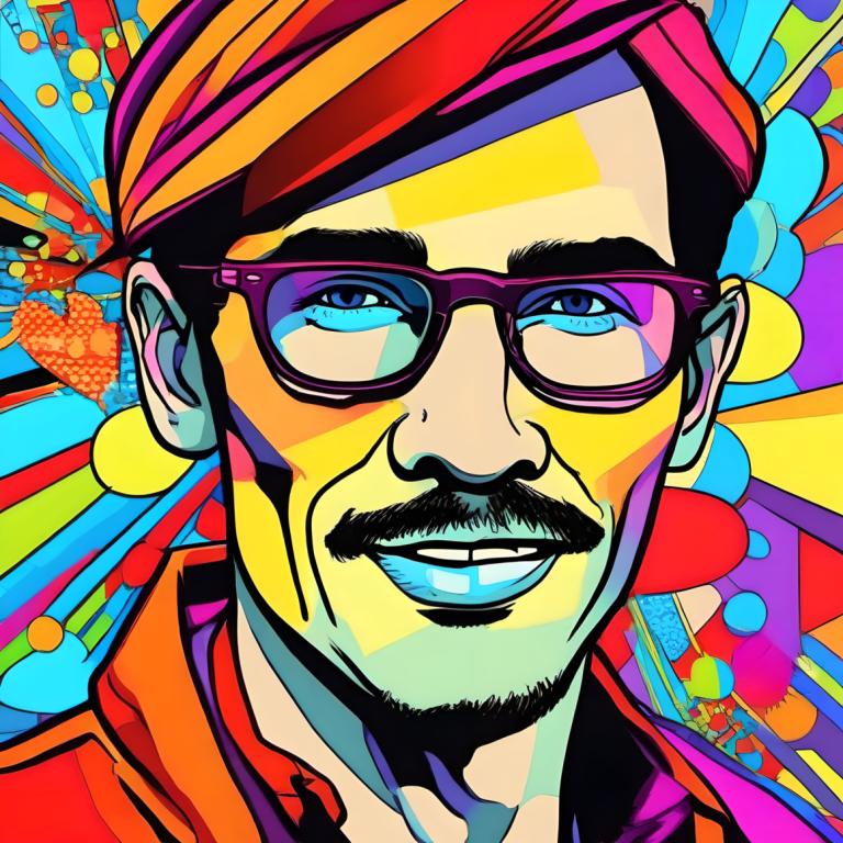 Pop Art,Pop Art, People, man, colorful, 1boy, male focus, solo, facial hair, blue eyes, glasses, mustache