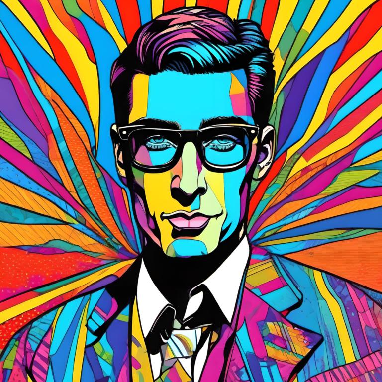 Pop Art,Pop Art, People, man, colorful, 1boy, male focus, solo, necktie, facial hair, glasses, collared shirt