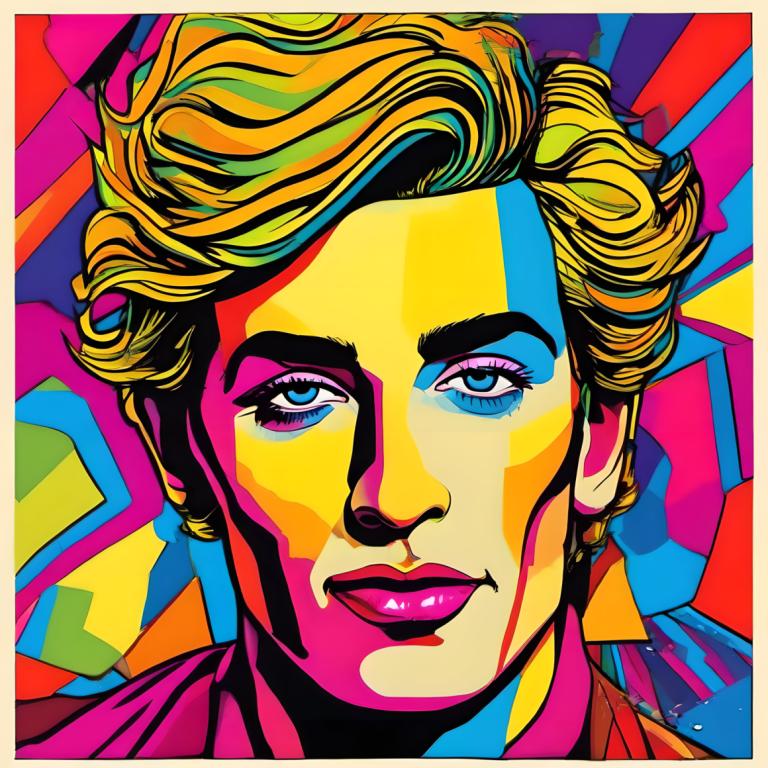 Pop Art,Pop Art, People, man, solo, blonde hair, 1boy, male focus, blue eyes, portrait, colorful, makeup