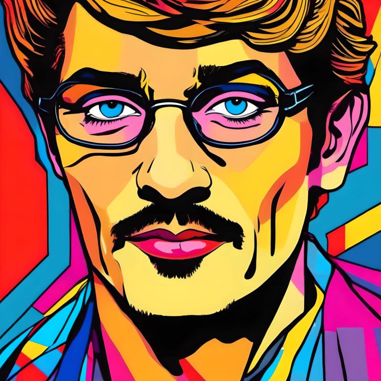 Pop Art,Pop Art, People, man, solo, 1boy, male focus, blue eyes, glasses, facial hair, portrait, blonde hair