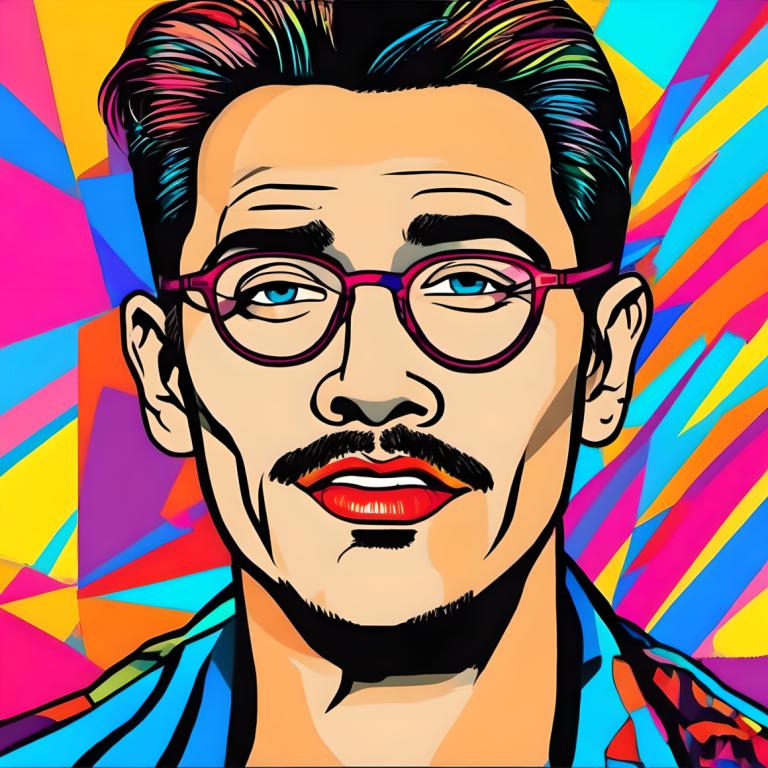 Pop Art,Pop Art, People, man, solo, 1boy, male focus, shirt, facial hair, glasses, blue eyes, portrait