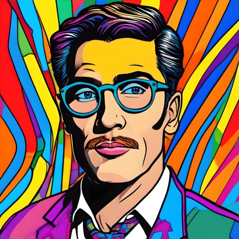 Pop Art,Pop Art, People, man, solo, 1boy, male focus, colorful, glasses, facial hair, black hair, shirt