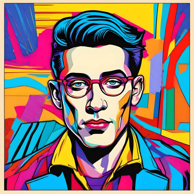 Pop Art,Pop Art, People, man, 1boy, male focus, solo, glasses, blue eyes, shirt, black hair, portrait, jacket