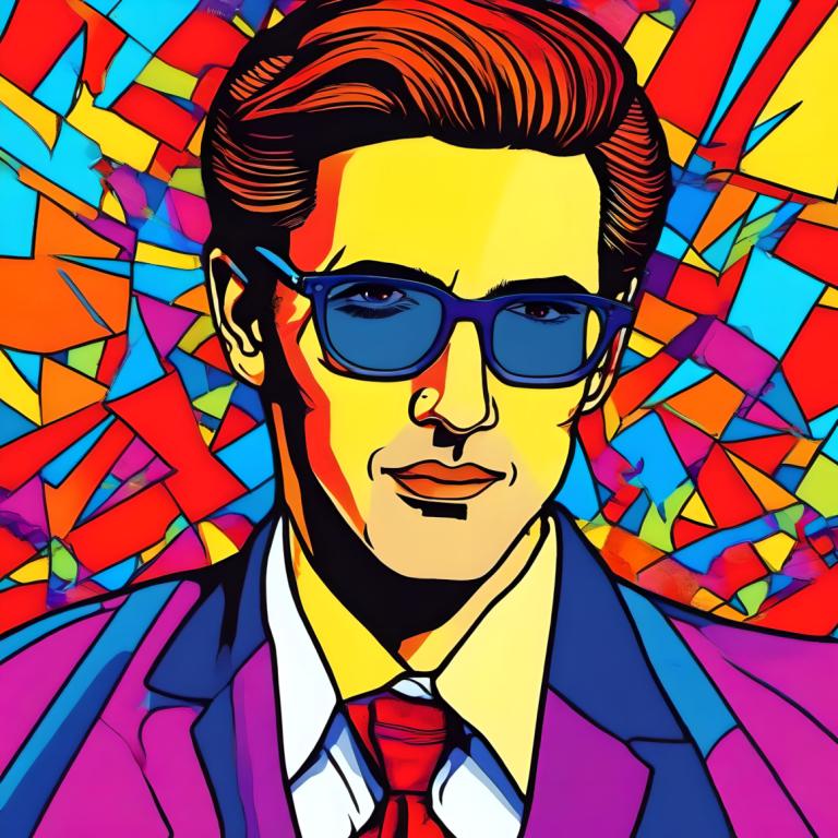 Pop Art,Pop Art, People, man, 1boy, male focus, solo, colorful, necktie, formal, suit, brown hair, sunglasses