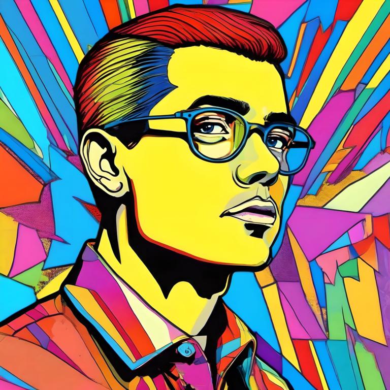 Pop Art,Pop Art, Oameni, om, colorat, 1 băiat, focalizare masculină, solo, ochelari, cămaşă, cămașă cu guler