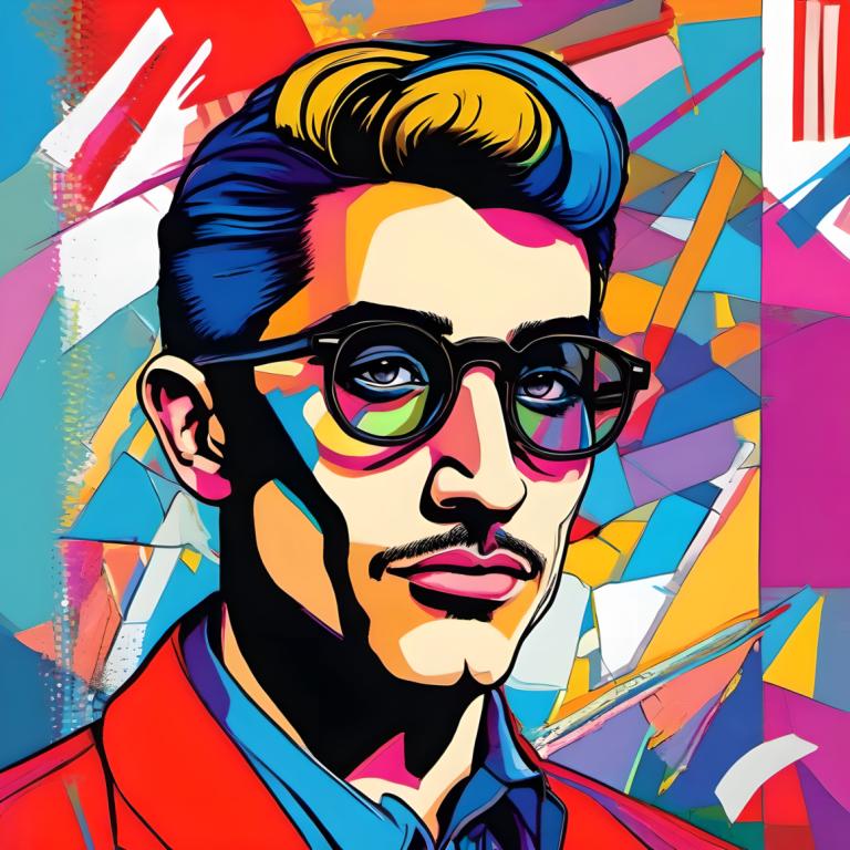 Pop Art,Pop Art, People, man, 1boy, male focus, solo, facial hair, shirt, glasses, multicolored hair, jacket